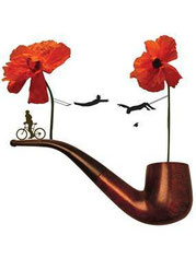 Illustration originale d’une pipe, de fleurs et de silhouettes